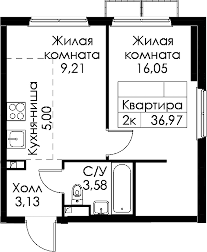 1-комнатная квартира 36.97 м², 2/15 эт., ЖК «Янинский лес»